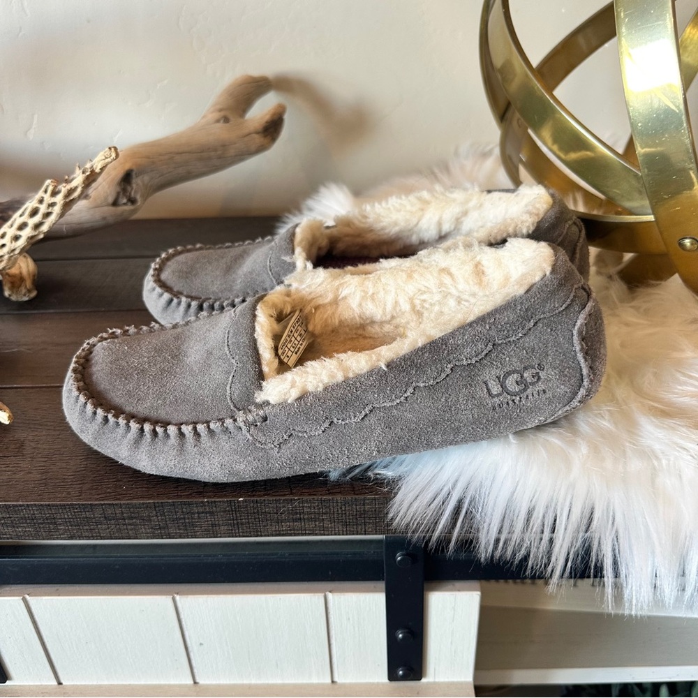 UGG Gray Suede Shearling Moccasin Slippers